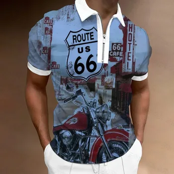 남성용 빈티지 폴로 셔츠, Route 66 오토바이, 3D 프린트, 패션 스트리트 스포츠웨어, 오버사이즈 의류, 골프 셔츠