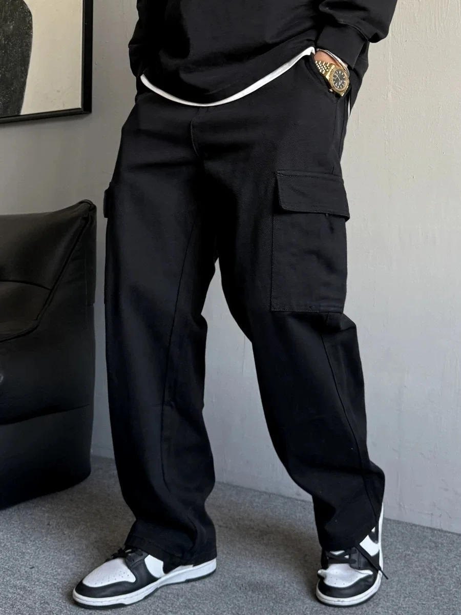 Men Casual Jeans Black Loose Straight Cargo Pocket Jeans Standard Mid Rise Four-season Trousers Street Aesthetic Daily Matching Bottoms