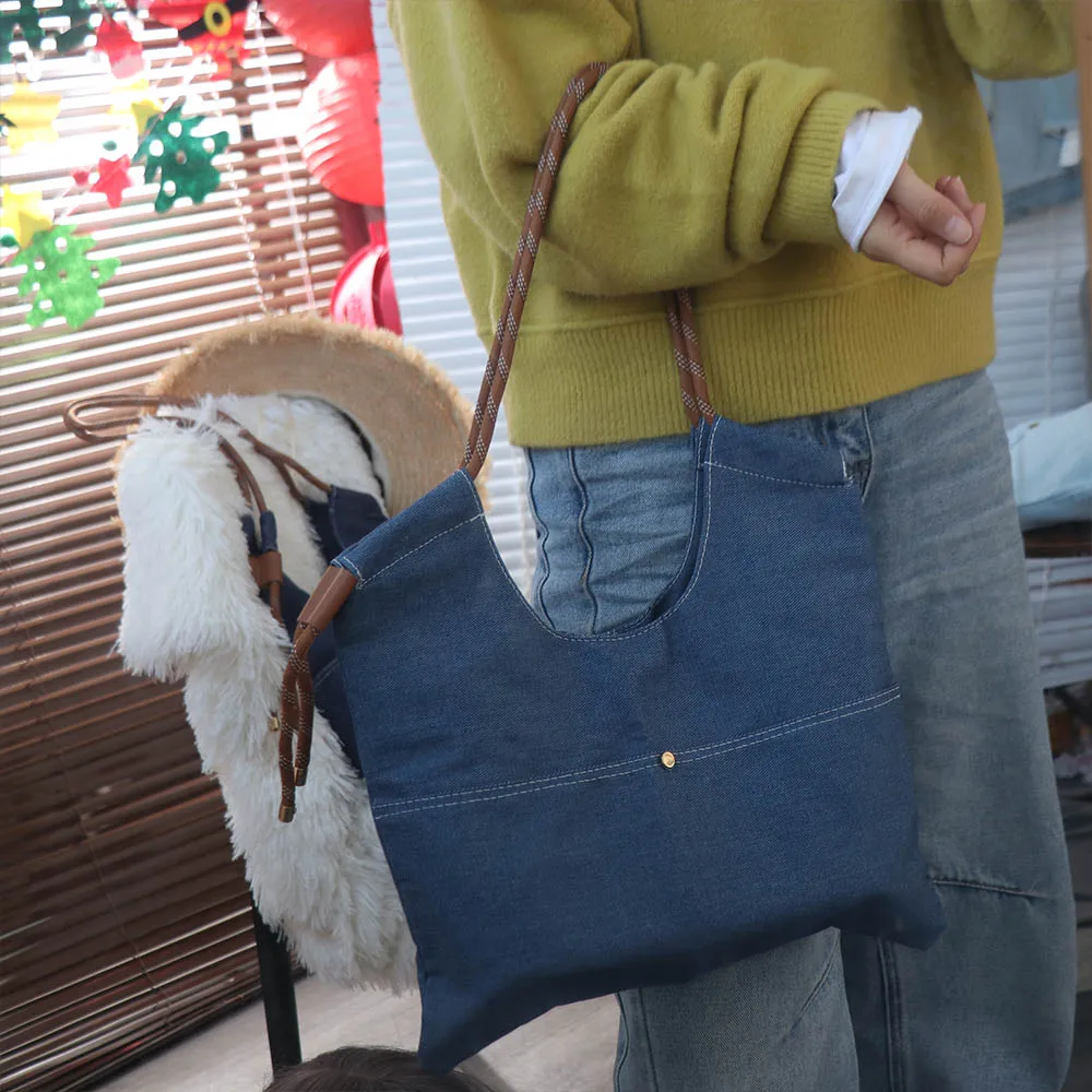 

Shoulder Bag Denim Canvas Bag Street Style Large Capacity Vintage Handbag Solid Color Crossbody Bag Simple Tote Bag Outdoor