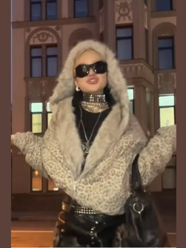 

Patchwork Leopard Print Faux Fur Spliced Jacket Long Sleeve Loose Pocket Hoodie Coat 2025 New Lady Fall Winter Warm Outwear