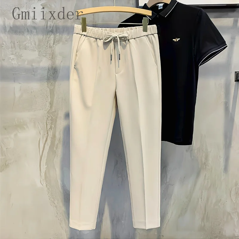 Gmiixer Men Summer Suit Pants Elegant Sagging Straight Barrel Simple Ankle-length Solid Reousers No Iron Drawstring Casual