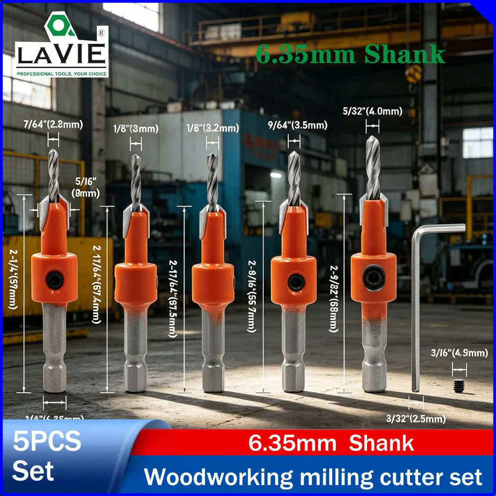 

LAVIE 6.35mm Hex Shank Woodworking Countersink Drill Bit, Double Flute High Speed Steel Hole Drilling & Countersink Bit