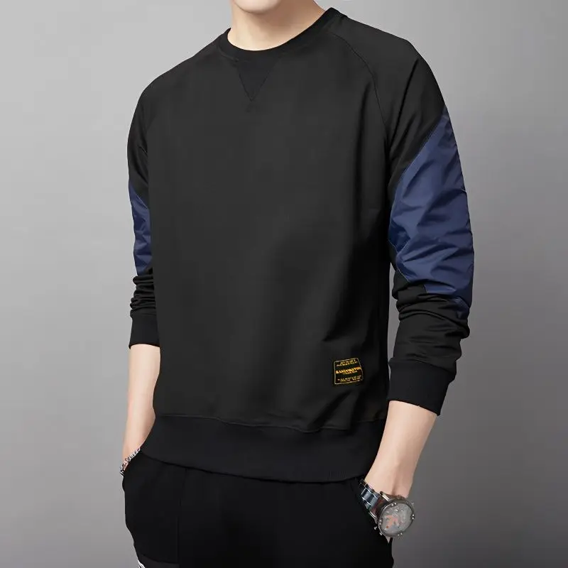 

Casual Spliced Basic Hoodies Spring Autumn Stylish Patch Designs Men's Clothing Round Neck Korean Contrasting Colors Sweatshirts