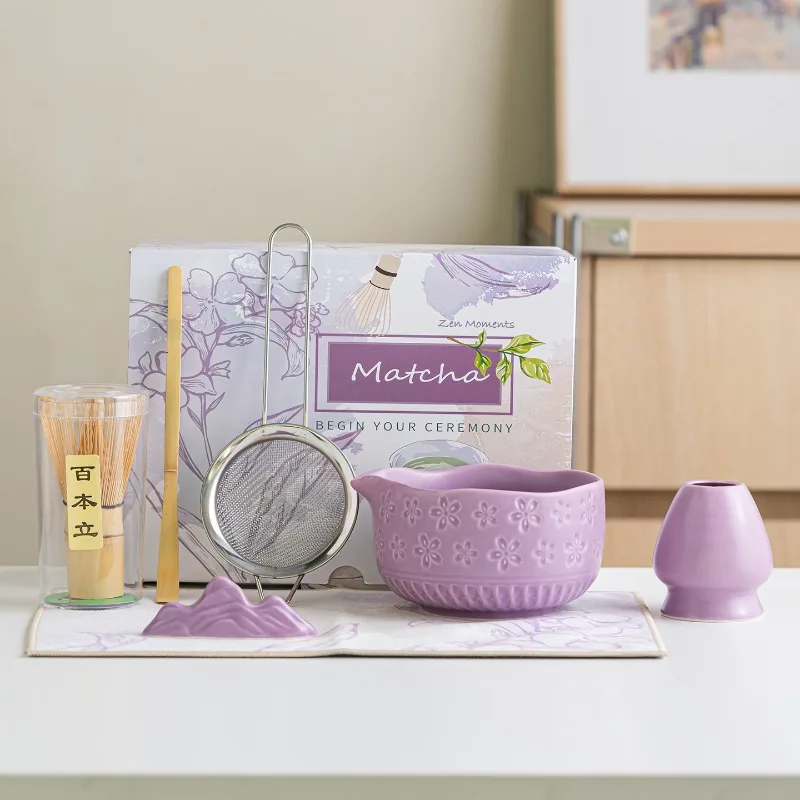 

Новый набор Сакура Матча для начинающих, 7 шт., японская тисненая керамическая чаша, излив, венчик, церемониальные инструменты для матча, роскошная подарочная коробка