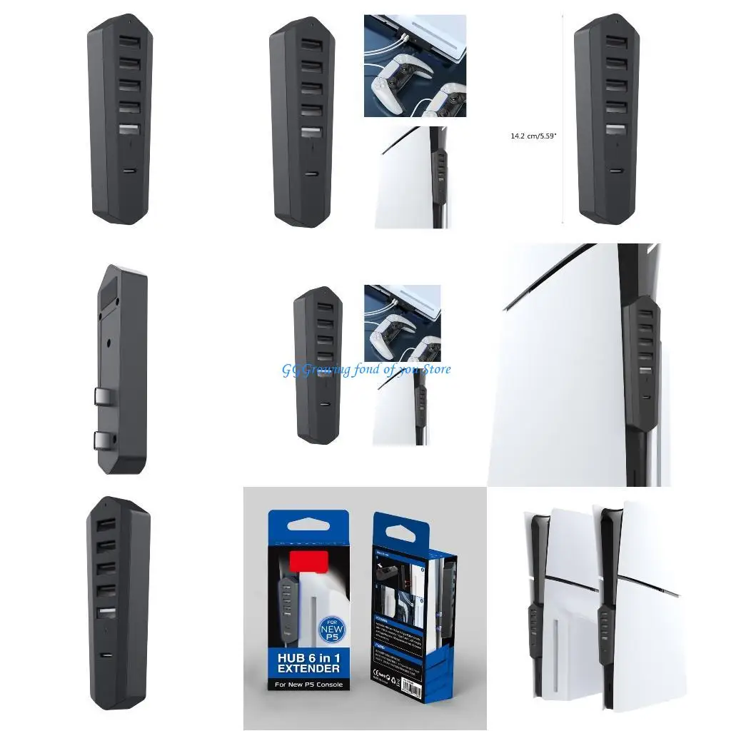 

H9EB 6 in 1 USB Hub Include 4 USB2.0 + USB Charging Port + USB C Interfaces for P5 Digital/Disc Drive Edition Game Consoles