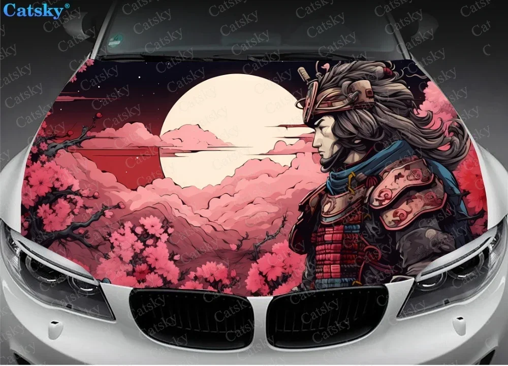 Japanese Samurai Watch Sunset Car Hood Vinyl Stickers Wrap Vinyl Film Engine Cover Decals Sticker on Car Auto Accessories