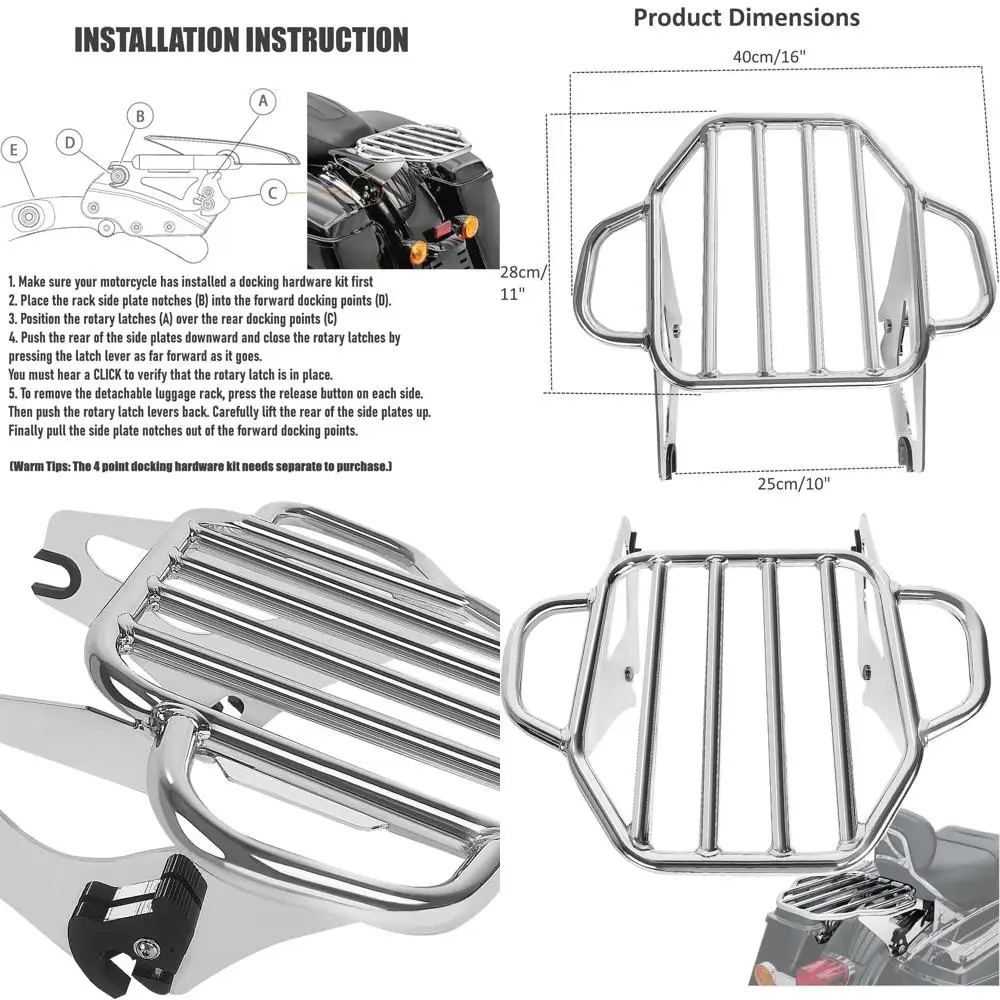 

Хромированная съемная багажная полка с 2 походами, подходит для Harley Touring Road King Street Electra Glide 2009-2025 2021 2020 2019