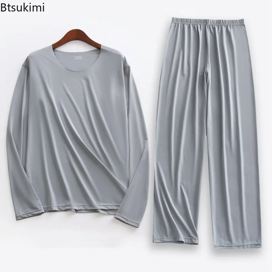 

Plus Size 5XL Men Ice Silk Pajama Set Solid Long Sleeve Tops and Pants Sleepwear 2pcs Sets Soft Comfy Lounge Home Nightwear Male