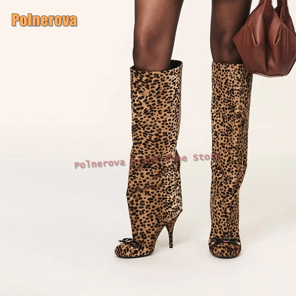 

Leopard Butterfly Knot Fashion Boots Round Toe Stiletto Pull On Spicy Girl Knee High Boots Elegant Street Hot Girls Sexy Shoes