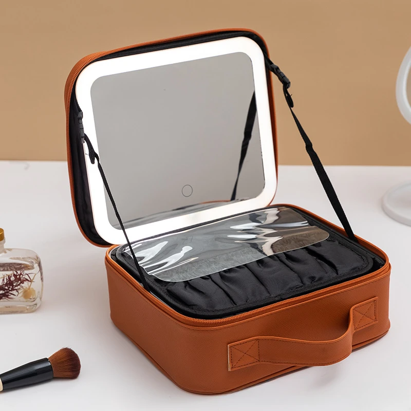 Make Up Organizer Bag LED Lighted Cosmetic Case with Mirror Waterproof PU Leather Portable Travel Makeup Storage Bags