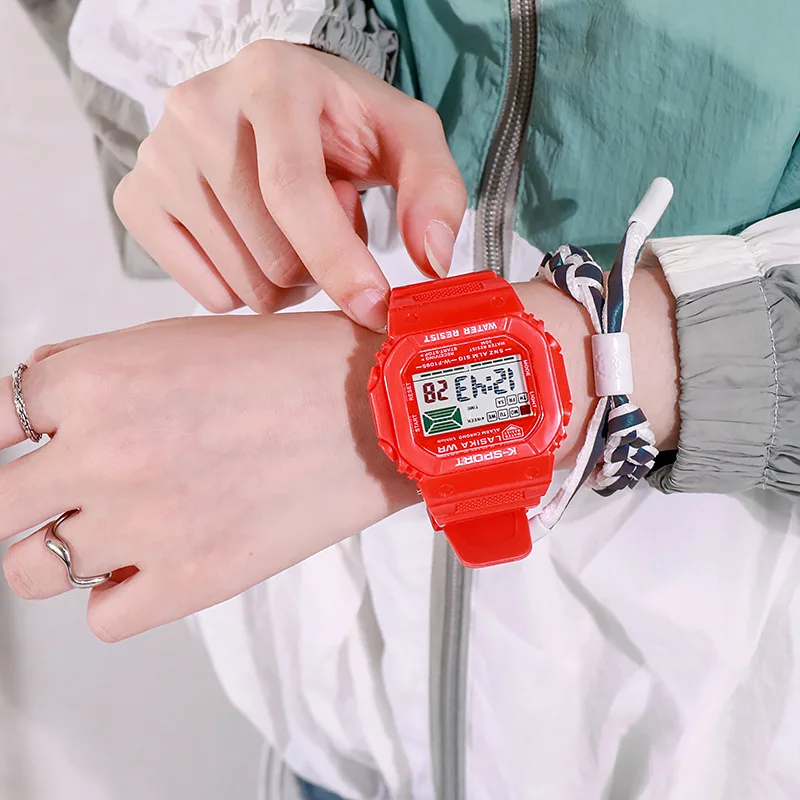 Dopamine kleurbotsing klein vierkant horloge voor dames, nieuw model voor middelbare scholieren en middelbare scholieren, waterdichte elektron