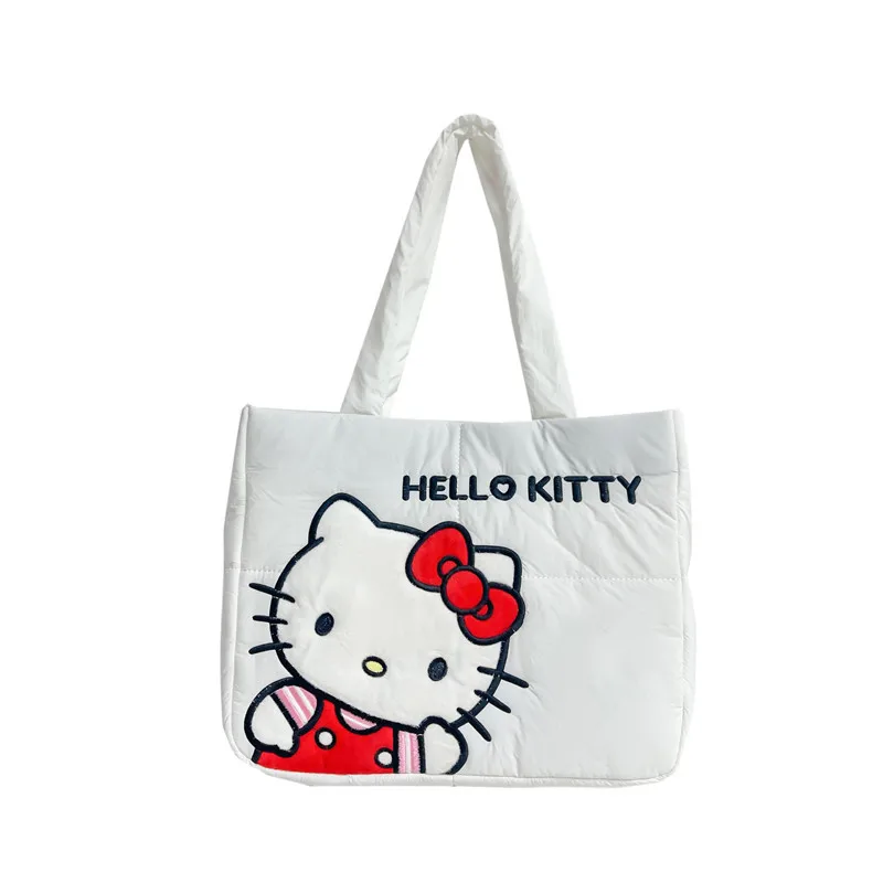 Women Large Tote Bag Soft Padded Down Handbag Kawaii Hello Kitty Melody Kuromi Shoulder Bags Casual Portable Shopper Bag