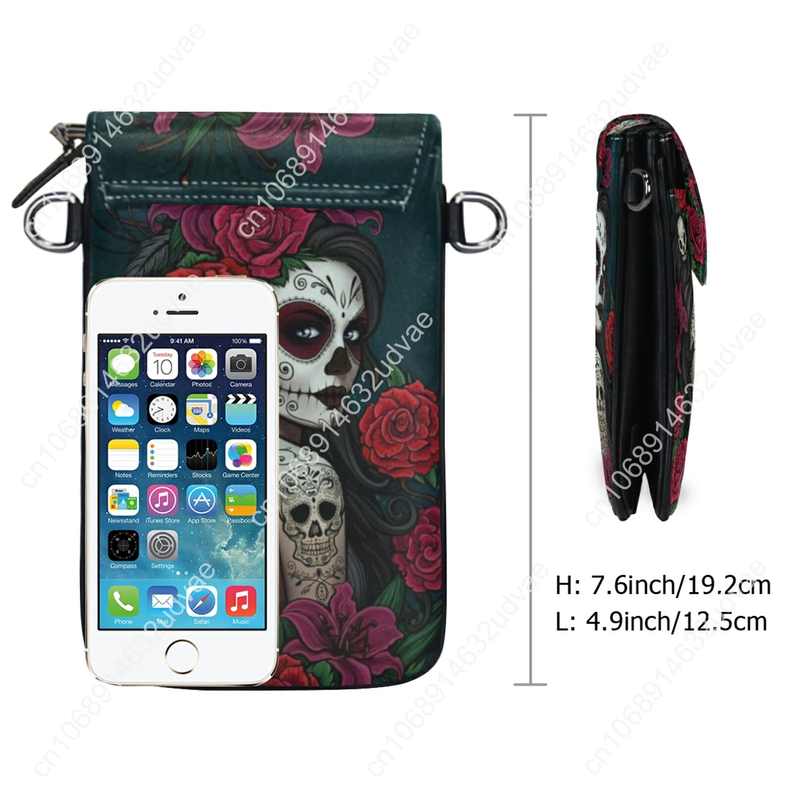 New Mini Mobile Phone Bag PU Floral Sugar Skull Design Woman Gothic Pu Coin Purse Cross Shoulder Bags Bolsa Mujer Feminina