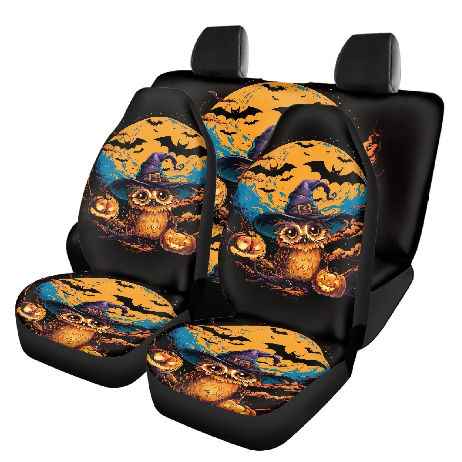 4PCS Halloween Black Cat Pumpkin Car Seat Covers Universal Car Seat Cover Seat Protector Seat Covers Set Durable