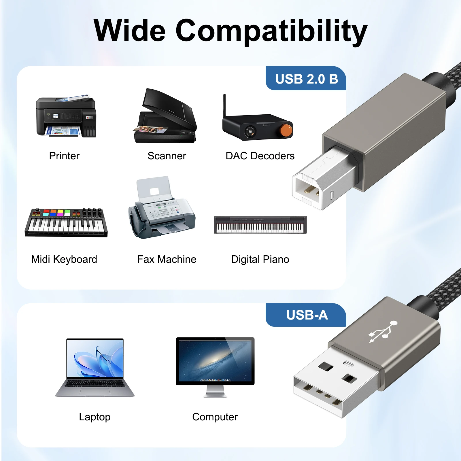 USB Printer Cable USB-A Male to B Male USB 2.0 Cable for Printer Scanner DAC Decoders Midi Keyboard Fax Machine Digital Piano