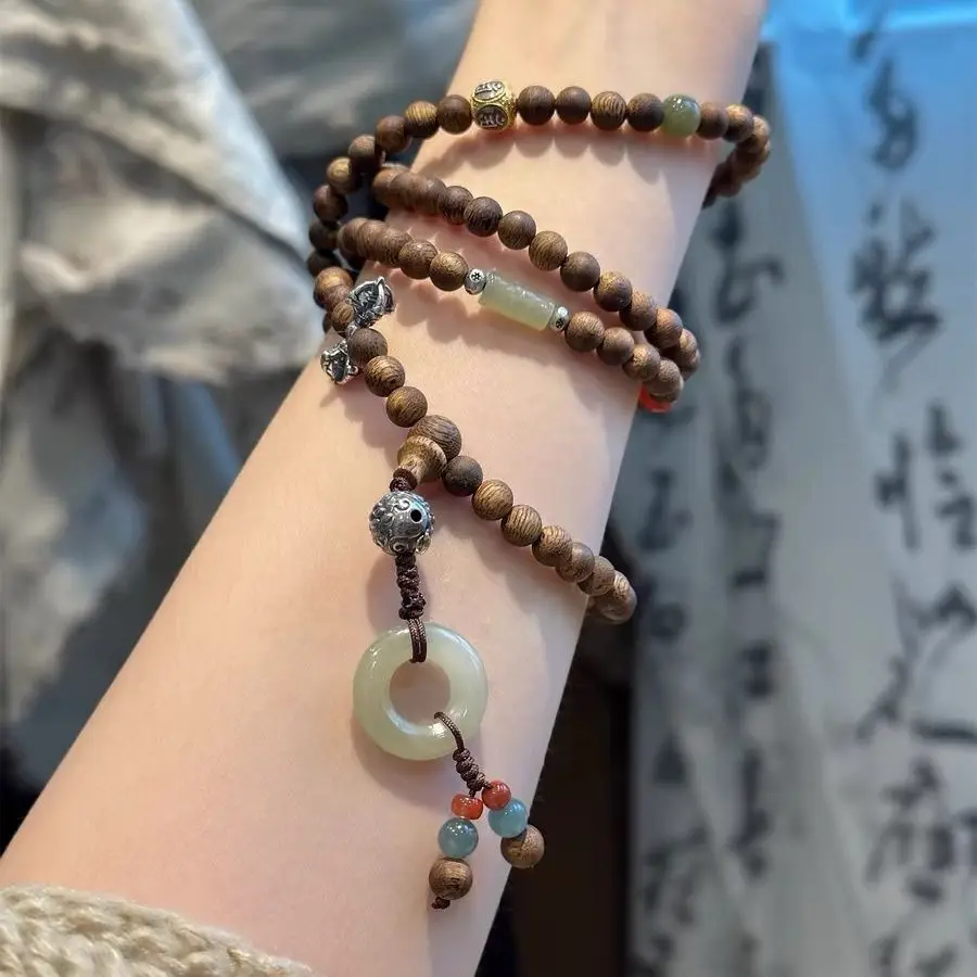 New S925 Silver Agarwood Round Bead Hetian Jade Bamboo Joint Bracelet Four Strand Neo Chinese Guofeng Fashion Jewelry
