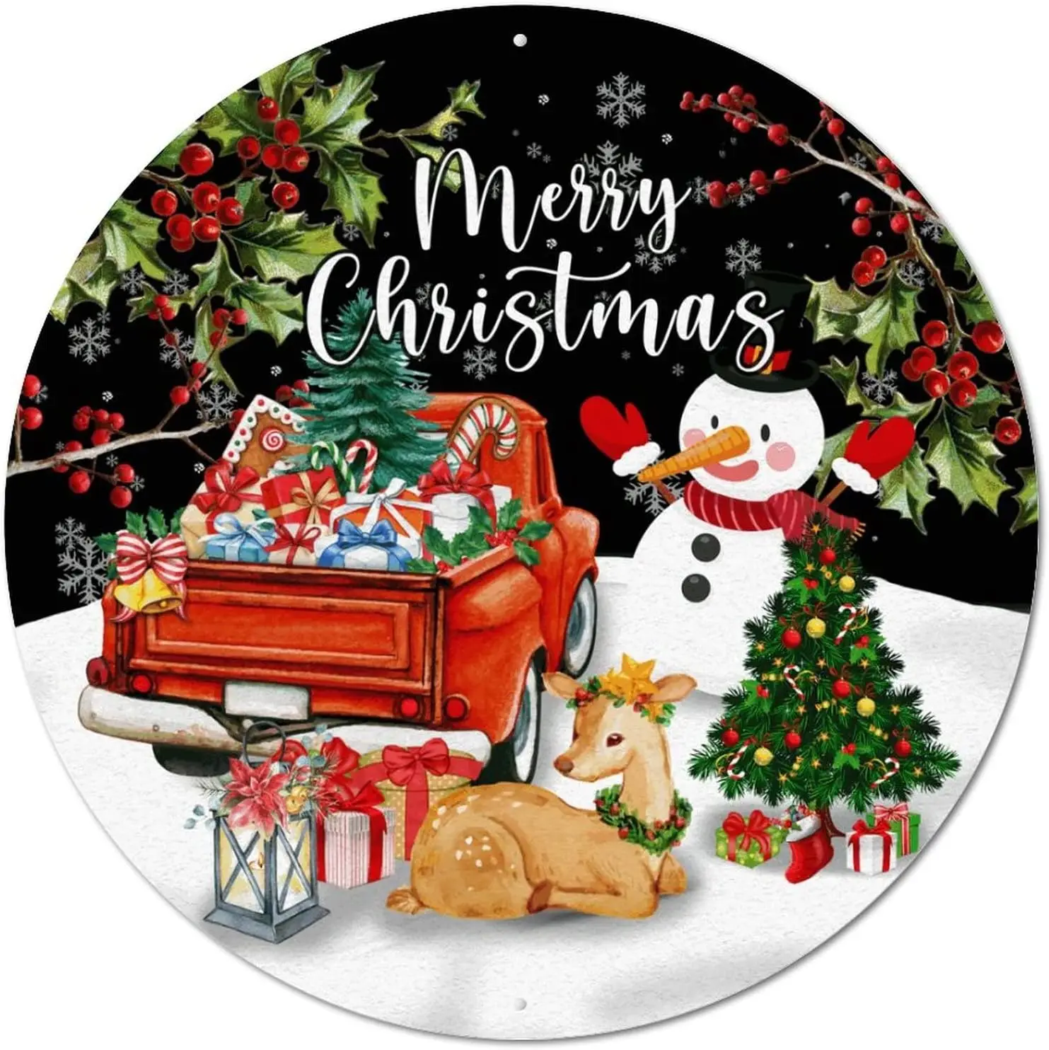 Round Metal Sign Merry Christmas Snowman And Santa Funny Pub Bar Sign Plaque Vintage Circle Wreath Sign Metal Poster for