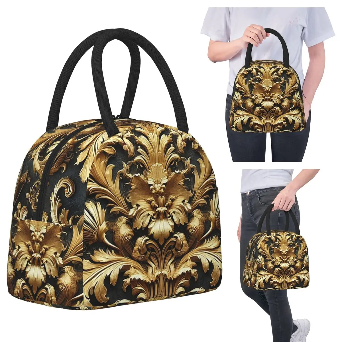 

Klimt Gold Floral Baroque Insulated Lunch Bag for Kids School Cooler Thermal Food Box Tote Portable Lunch Boxes Container