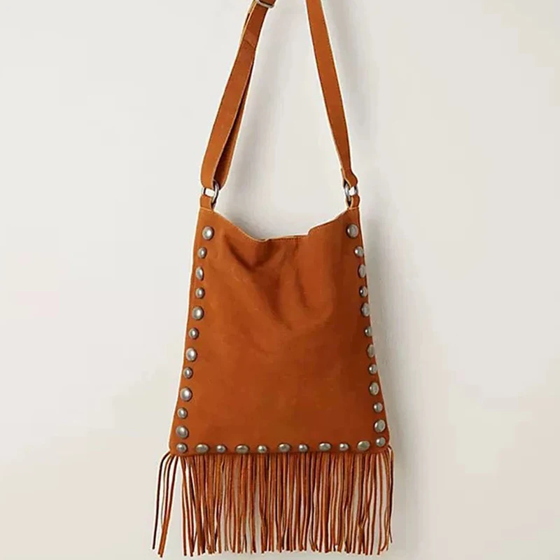 

England Style Faux Suede Slim Messenger Bags For Women Luxury Designer Handbags Purses 2026 New In Inlaid Rivet Tassel Shoulder