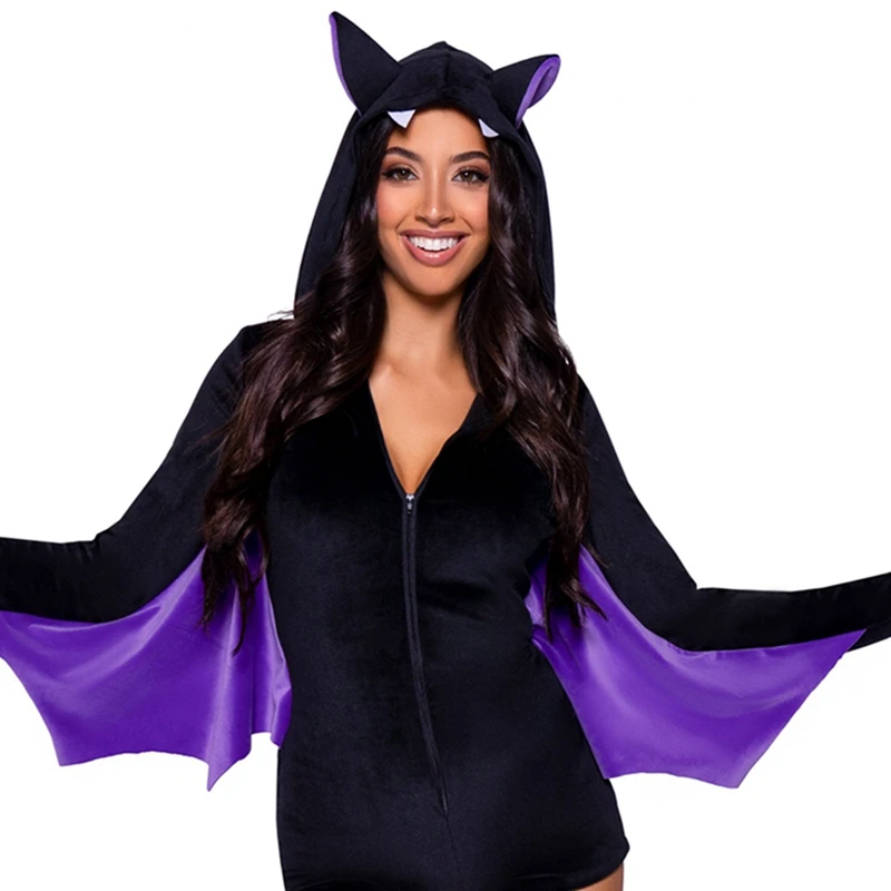 Halloween Cosplay Bat Costumes for Women Contras Color Vampire Long Sleeved Hooded Zipper  Short Jumpsuit