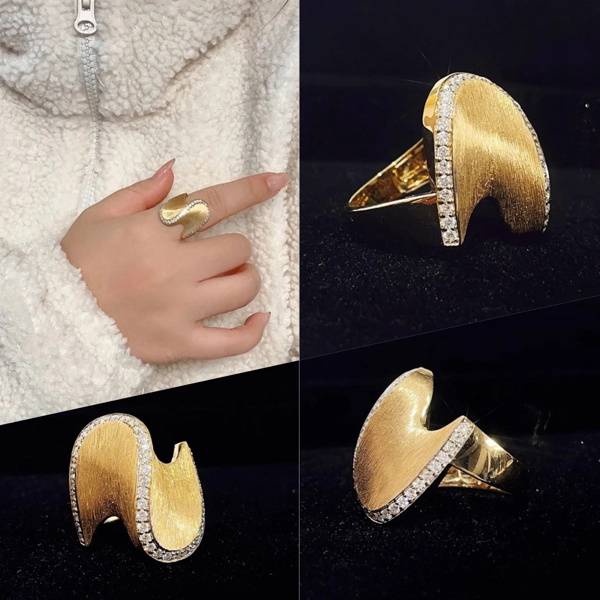

Retro new style 925 sterling silver light luxury wave diamond ring niche design retro wide version female ring