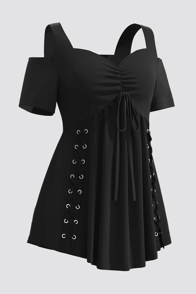 Damskie koszulki Plus Size Off Shoulder Eyelet Lace Up Pleated Solid Black Short Sleeve Summer 2024 Tee Shirts Casual Loose Tops