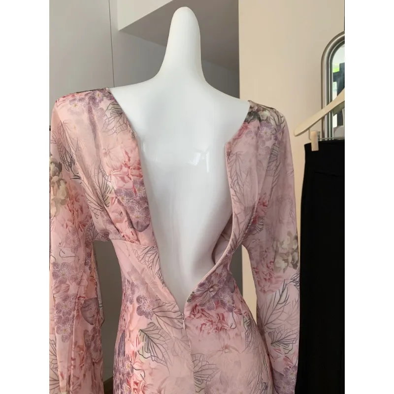 Elegante floral impressão vestido feminino verão outono casual plissado em camadas de manga comprida chiffon uma linha longo maxi vestido festa