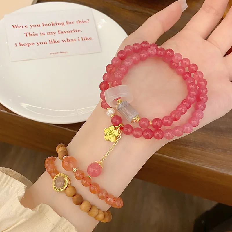 New Retro Natural Chalcedony South Red Two-Ring Bracelet National Style Temperament Han Chinese Clothing Accessories Des