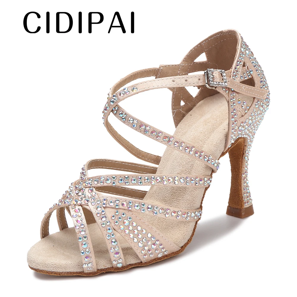 CIDIPAI Satin Latin Dance Shoes For Women Soft Bottom Tango Party Shoes Rhinestone Wedding Shoes Salsa Dance Shoes