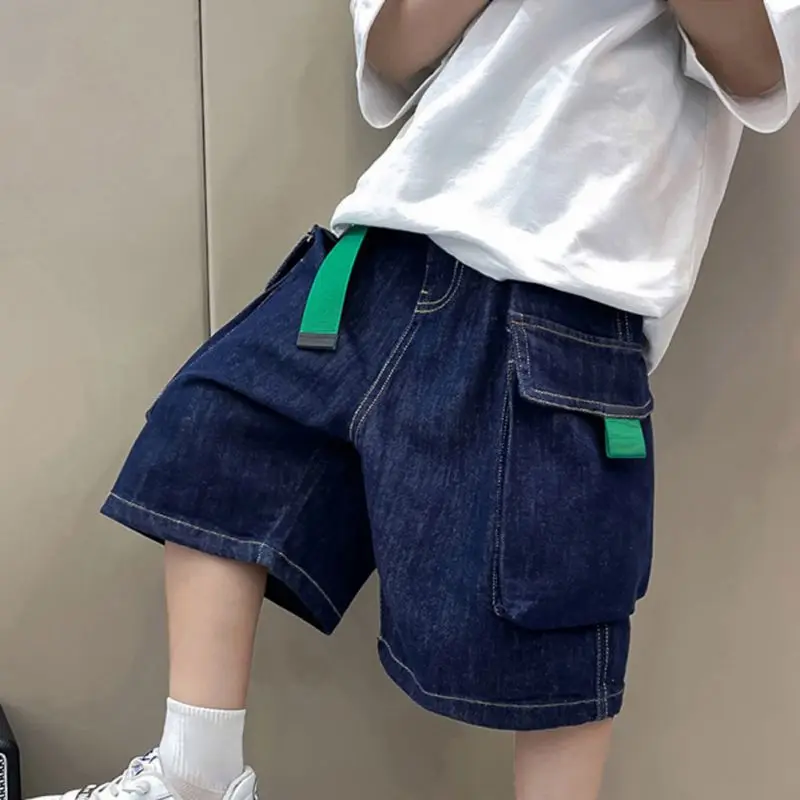 3-12Y Boys Denim Shorts Summer Thin New Kids Solid Color Fashion Pants Children Elastic Pure Cotton Casual Five Quarter Shorts