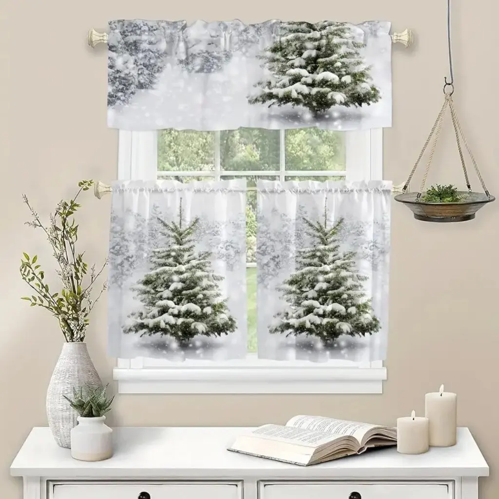 3pcs Curtains Tier Christmas Snow Scene Snowman Christmas Printed Curtain, Rod Pocket Semi Thin Curtain Window Treatment