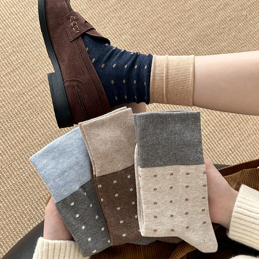 

Autumn Winter Gray Polka Dot Mid-Calf Cotton Socks - Japanese Retro Contrast Stacked Socks, Chic Layering Ankle Socks for Women