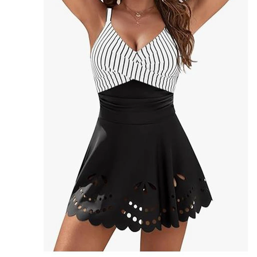 ชุดว่ายน้ำกระโปรงผู้หญิง ชุดว่ายน้ำเดรส คอวีไขว้ด้านหน้า ชุดว่ายน้ำสำหรับฤดูร้อน