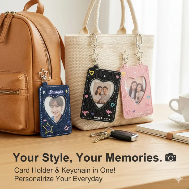 

Denim Y2K Love Heart Card Women's Handbag Cute Star Holder Keychain Photocard Case Backpacks Hanging Girl ID Card Storage Cover