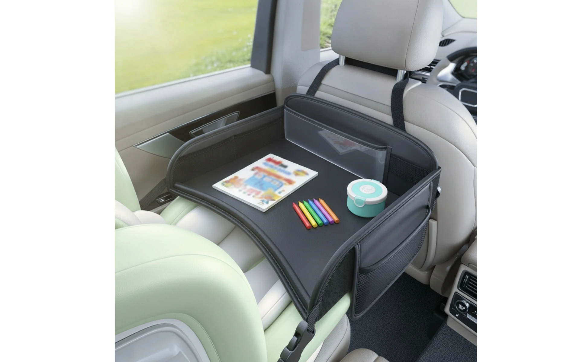 Car Back-Seat Tray Table Child-Friendly-Friendly in-Vehicle Activity Tray with Mesh Pockets Easy to Install Non-Slip