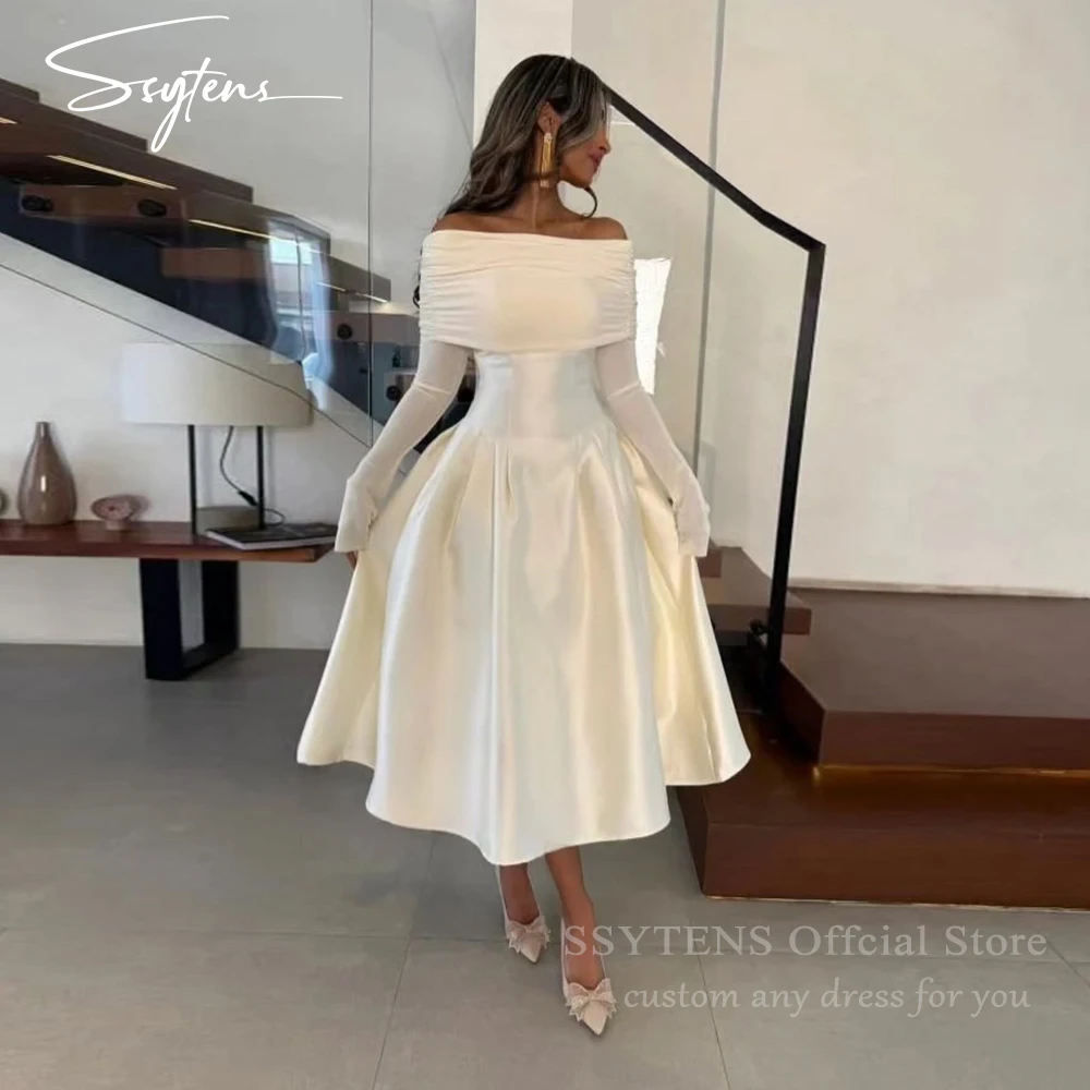 SSYTENS White Midi Wedding Dresses Off Shoulder Bridal Gowns Long Sleeves Saudi Evening Elegant Civil Bride Dresses Customized