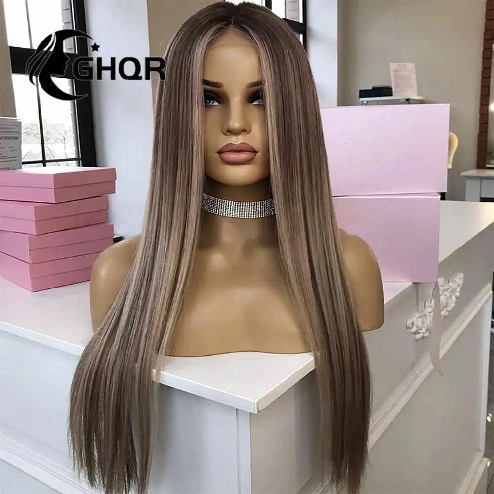 Highlight Human Hair Wig, Dark Roots, Mix Aging Blonde 360 Lace Frmetals Wig, 613 Colored Straight Transparent Lace, Preplucked Existant Brazin