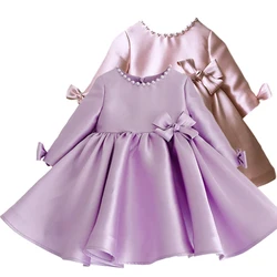 Kids Toddler Baby Lilac Flower Girls Knee-length Long Sleeves Satin Dress for Birthday Ceremonies Wedding Party 1-9Years 2023