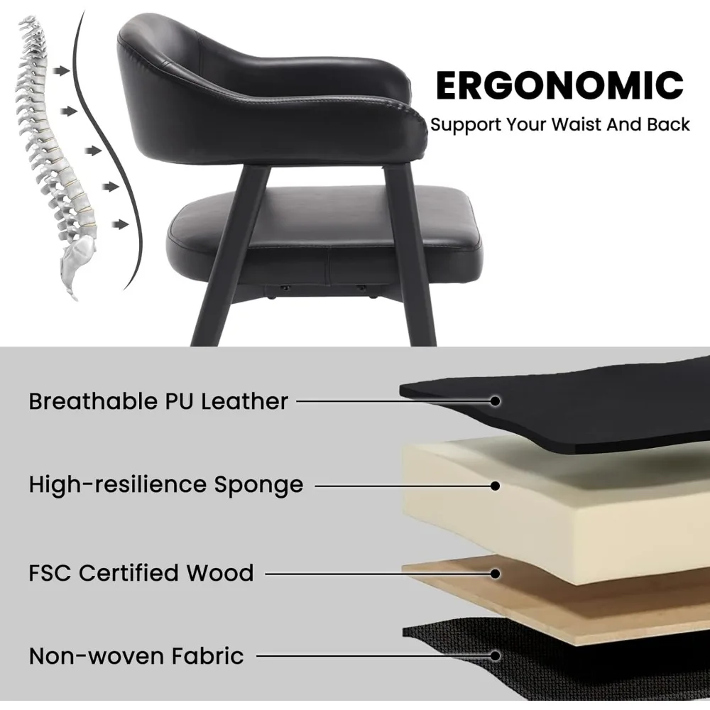 مجموعة من 4 كراسي طعام حديثة من الجلد الأسود في منتصف القرن مع أرجل معدنية سوداء ومساند ظهر منحنية