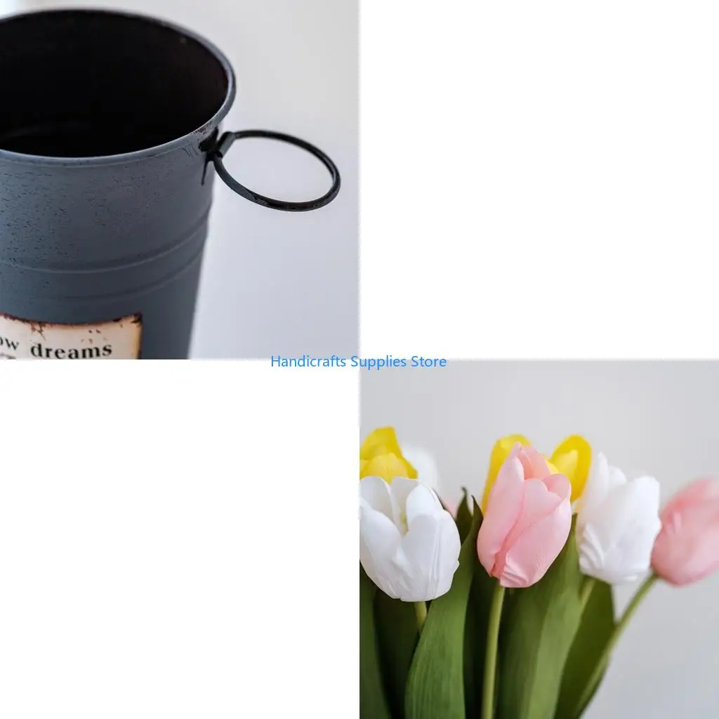 R1WA Galvanized Flower Bucket with Handle Tin Metal Vases for Flower Farmhouse Decorative Flower Bucket Tin Flower Holder