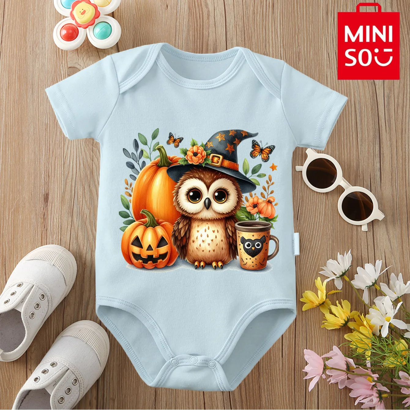 

MINISO Bodysuit My First Halloween Owl Pumpkin Print 100% Cotton Cloths for Baby Onesie Jumpsuit for 0 To 12 Months Newborn