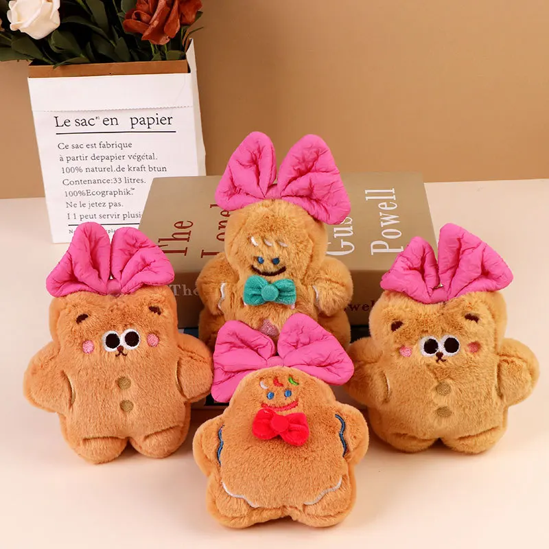 Mini Fluffy Gingerbread Plush Pendant Cartoon Bow Design Doll Keyring Bag Hanging Ornament Holiday Christmas Birthday Small Gift