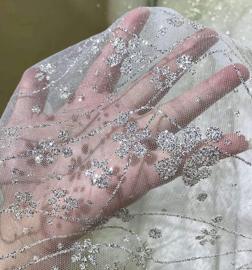 White Lace Sequined Bronzing Tulle Fabric Draping for Wedding Dress Fabric