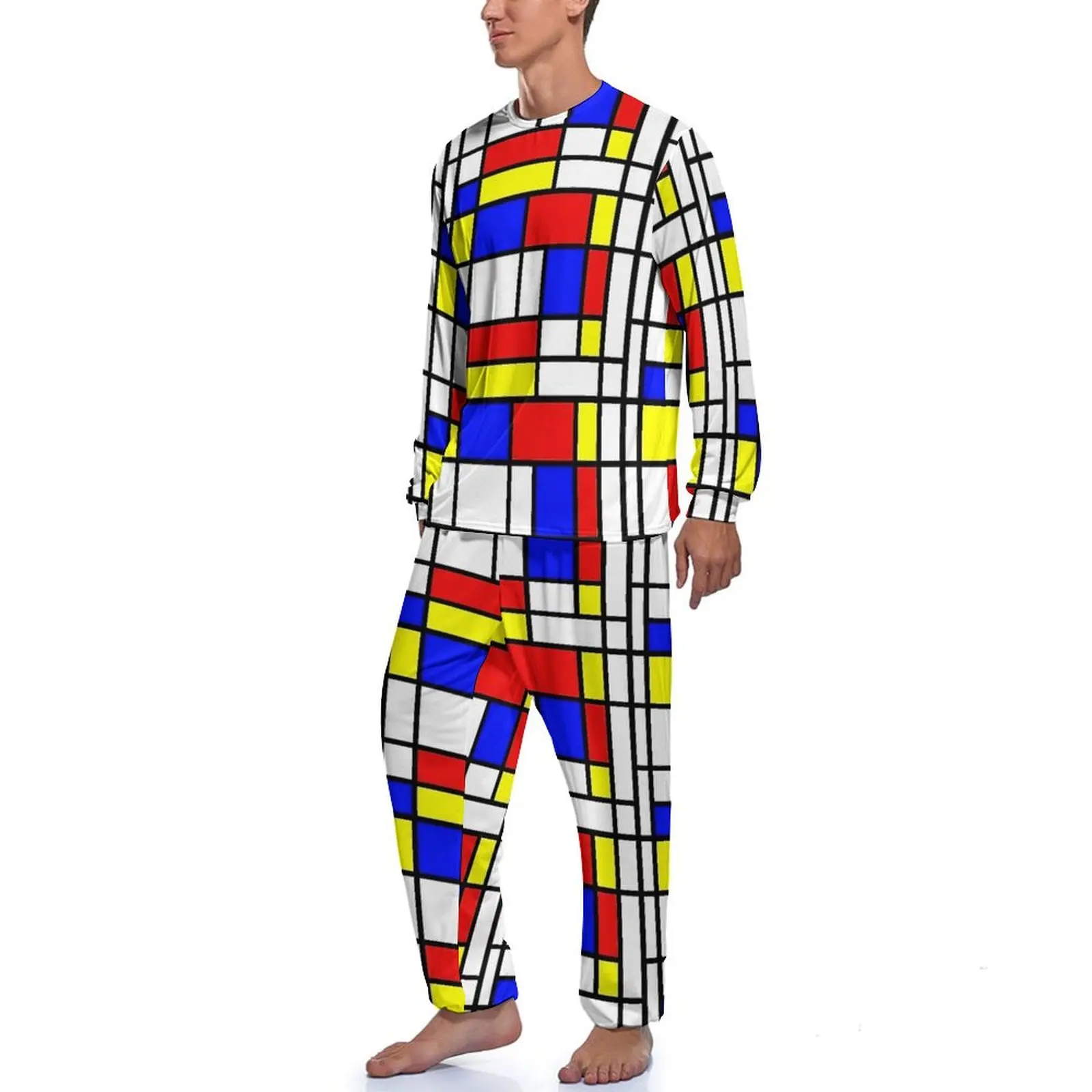 Pijamas con estampado Retro Mondrian, traje para casa estético de primavera para hombre, conjuntos de pijamas de moda de manga larga con patrón de 2 piezas