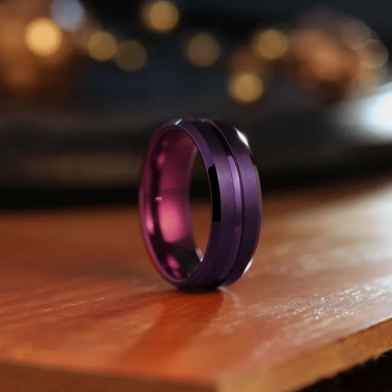 Simple 8mm Stainless Steel Rings For Men Women Purple Color Brushed Beveled Edge Rings Wedding Bands Fashion Jewelry