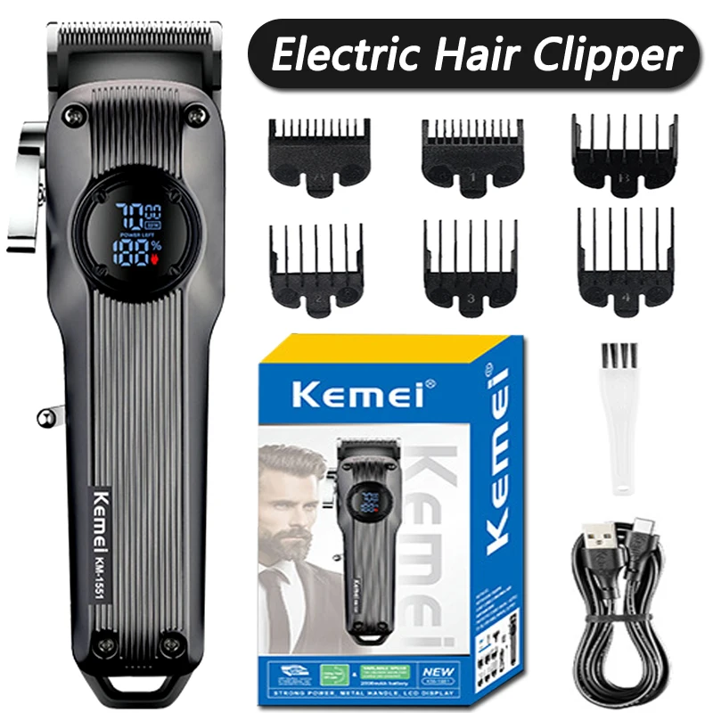 kemeiプロフェッショナルヘアクリッパー-電動ヘアトリマー-メンズヘアスタイリングツール-lcdディスプレイ-usb充電-ハイパワーヘアクリッパー