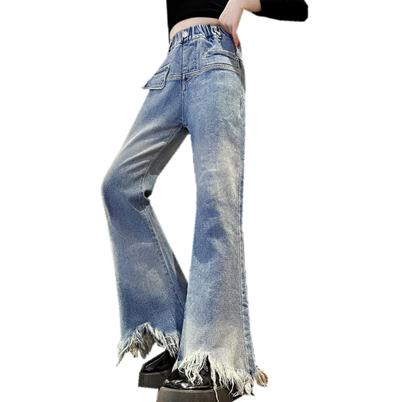 

New Spring Kids Flared Tassel Jeans With Fringe for Girls Boot Cut Denim Pants Teenager Child Fashion High Street Jeans Trousers