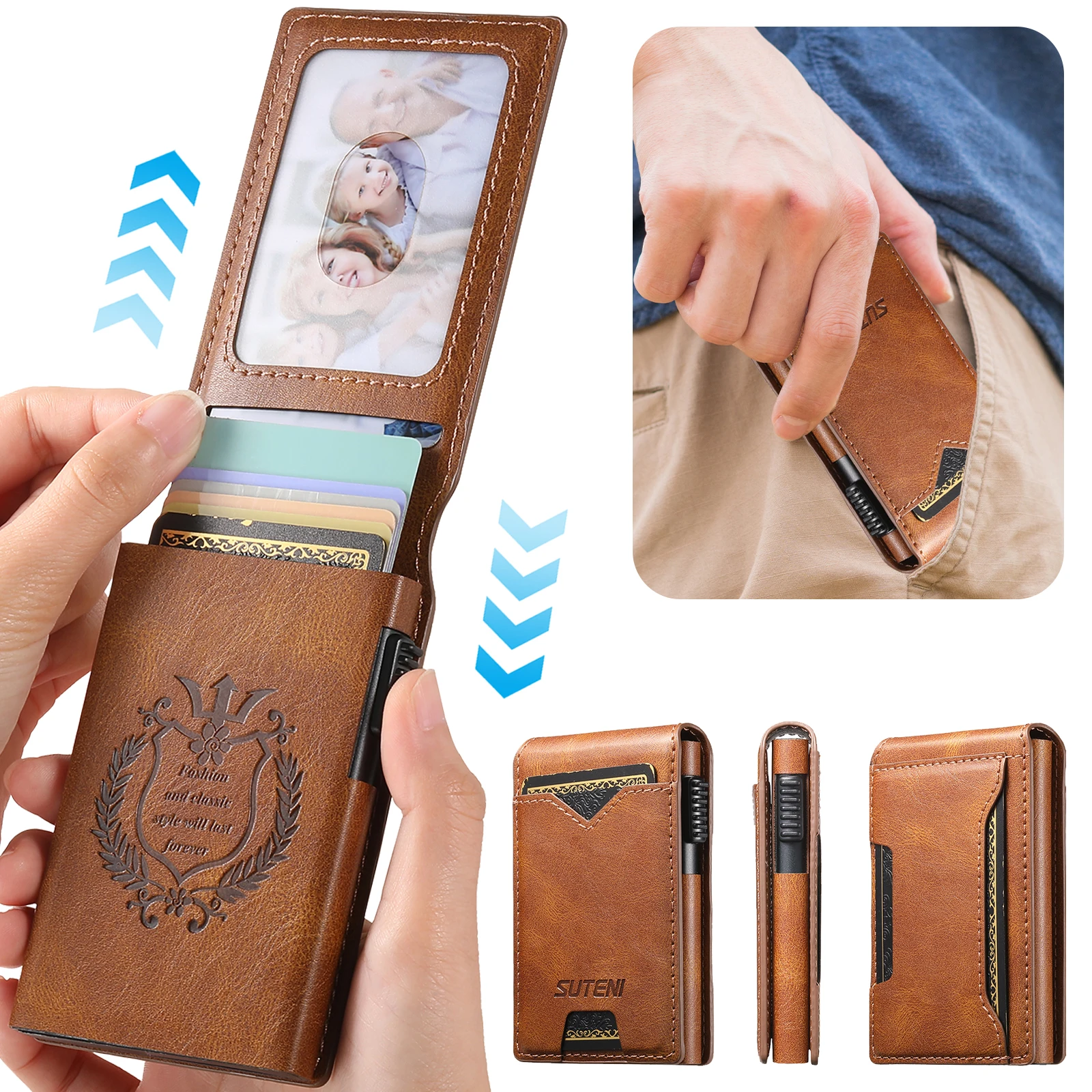 

SUTENI Portable Card Pocket Box Oil Wax Leather Card Bag Auto Pop up Business Card Storage Magnetic Card Holder Box
