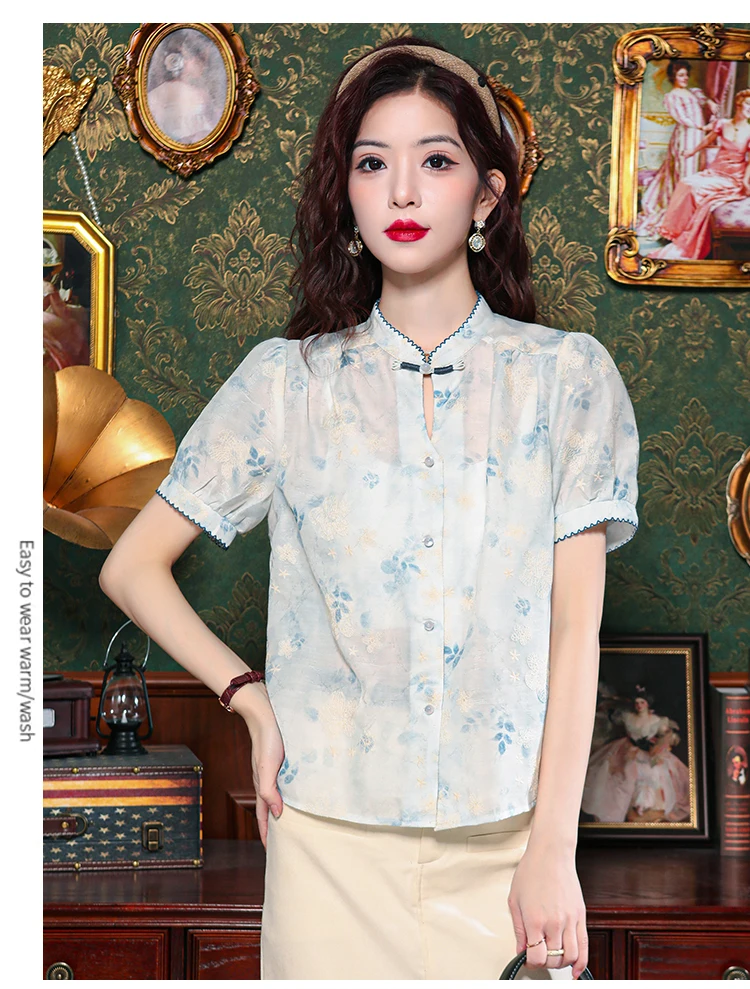 Summer New Chinese Style Women Cheongsam Button Shirt Flowers Unique Blouse Lightweight Comfort Tops