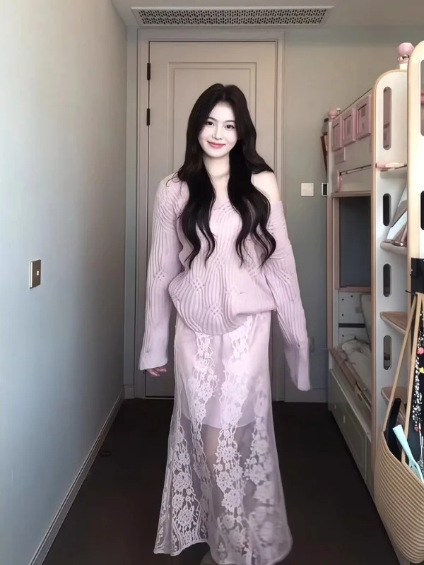 

plus Size Pink Knitted Sweater Women's Loose Comfortable Slimming Top Commute Sle Asymmetric Long Sve Crew Ne